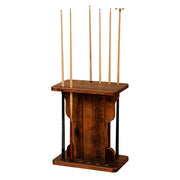 Front view of the Garfield Peak Barnwood Floor Pool Cue Rack holding pool cues