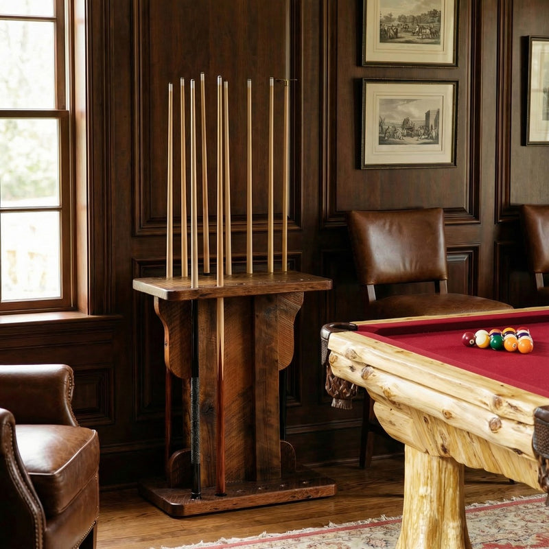 Garfield Peak Barnwood Floor Pool Cue Rack beside a pool table in a rustic game room