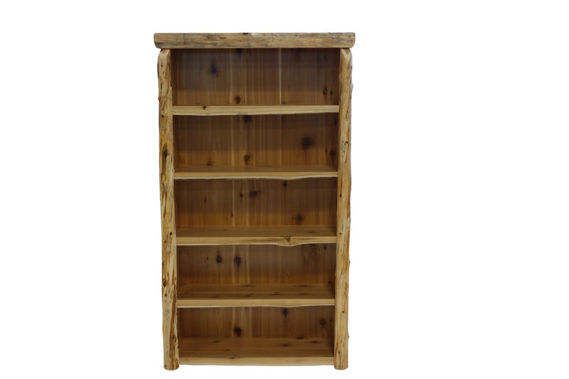Angled view of the Geissler Mountain Cedar Log Bookshelf