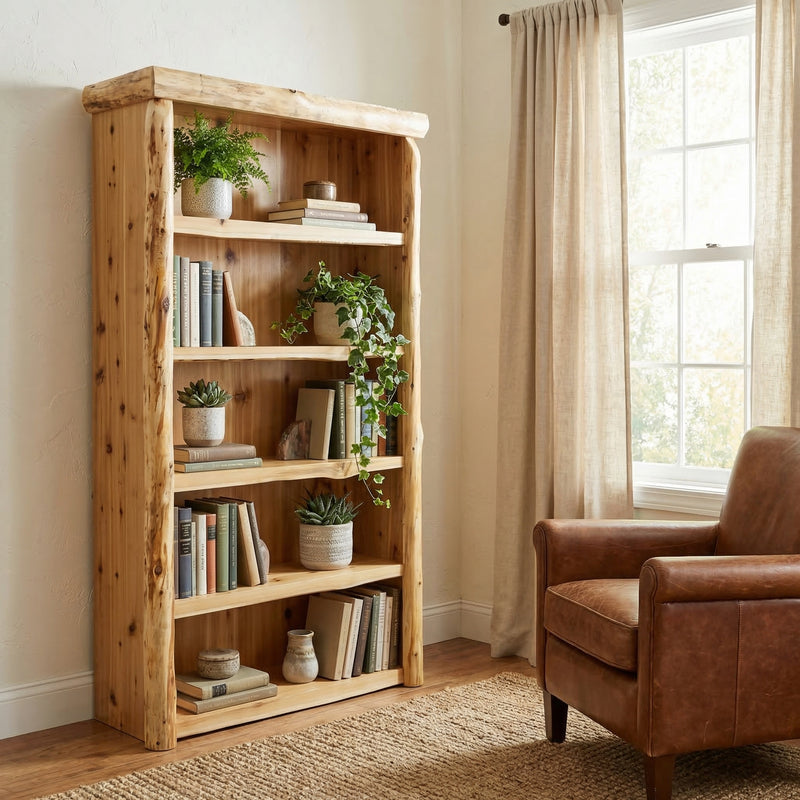 Geissler Mountain Cedar Log Bookshelf in a rustic cabin living room