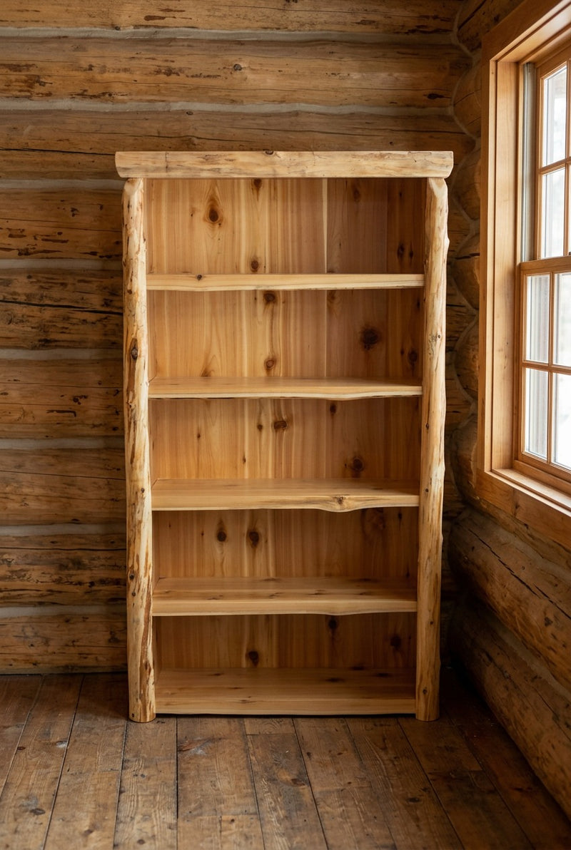 Geissler Mountain Cedar Log Bookshelf staged in a sunlit log cabin living room