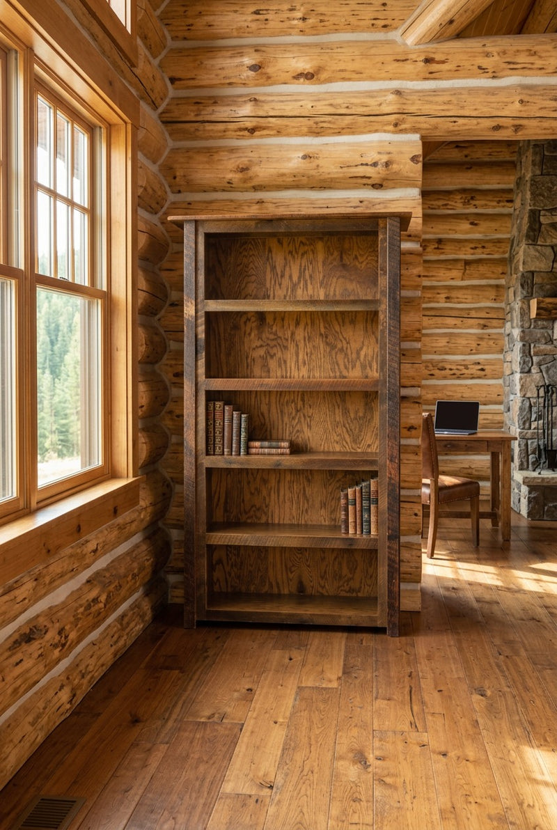 Gemini Peak Reclaimed Barnwood Five Shelf Library Bookcase staged in a sunlit log cabin home office