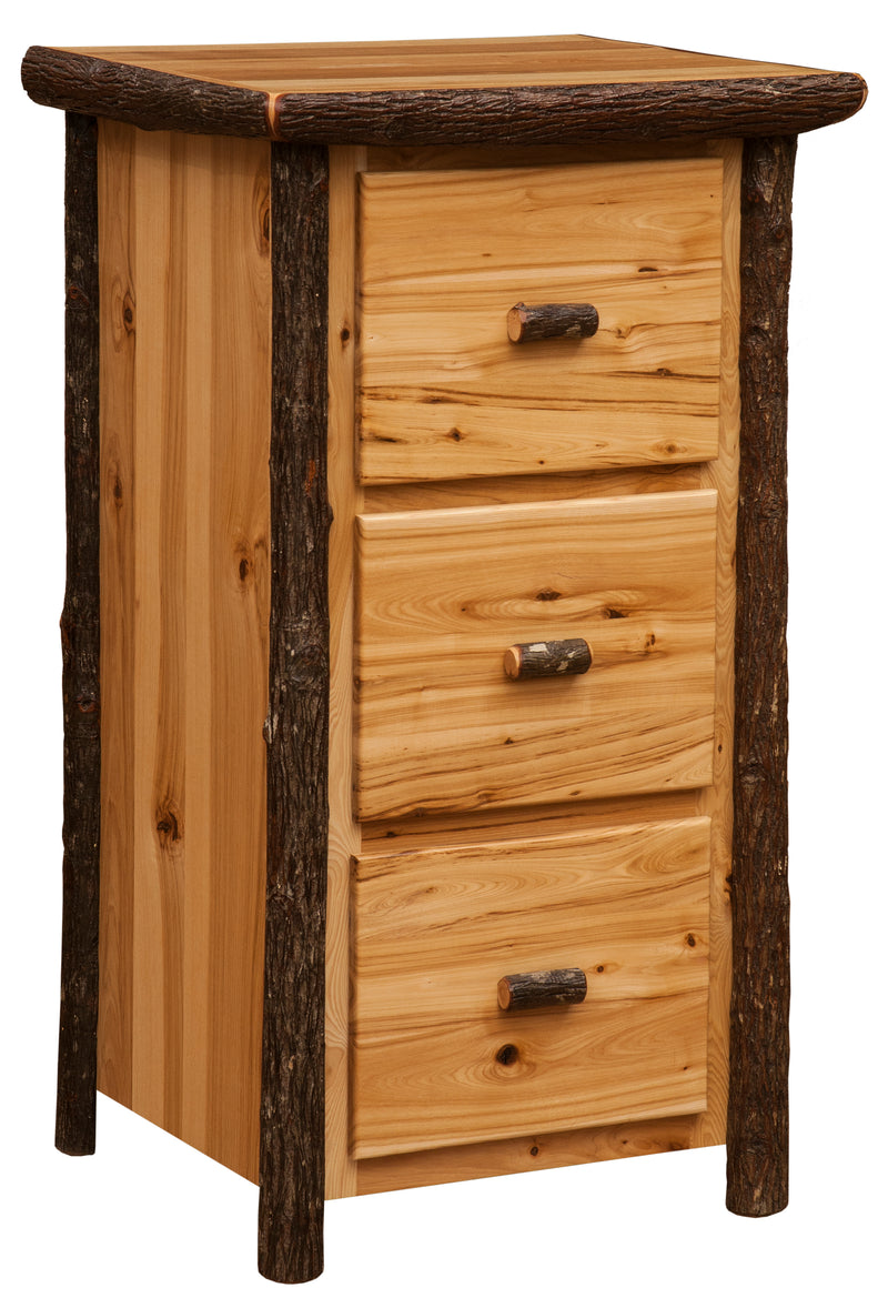 Angled view of the Geneva Mountain Hickory Log Three Drawer File Cabinet