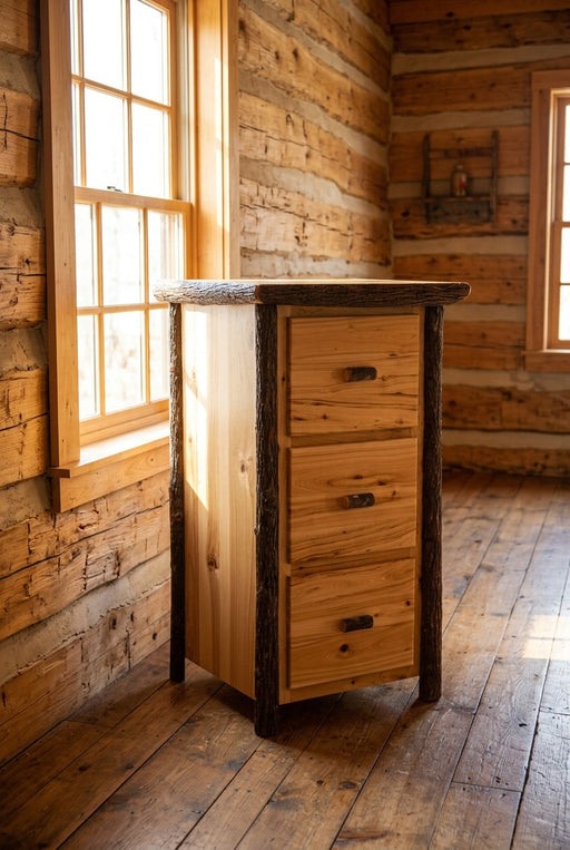 Geneva Mountain Hickory Log Three Drawer File Cabinet staged in a sunlit log cabin home office