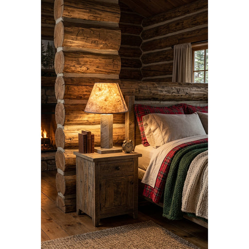 Geneva Peak Pine Table Lamp staged on a rustic nightstand in a log cabin bedroom