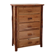 Angled view of the tall Gibbs Peak Hickory Log Chest of Drawers in Natural showing five drawers and bark-on hickory log posts