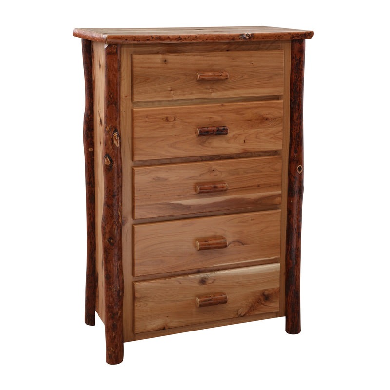 Angled view of the tall Gibbs Peak Hickory Log Chest of Drawers in Natural showing five drawers and bark-on hickory log posts