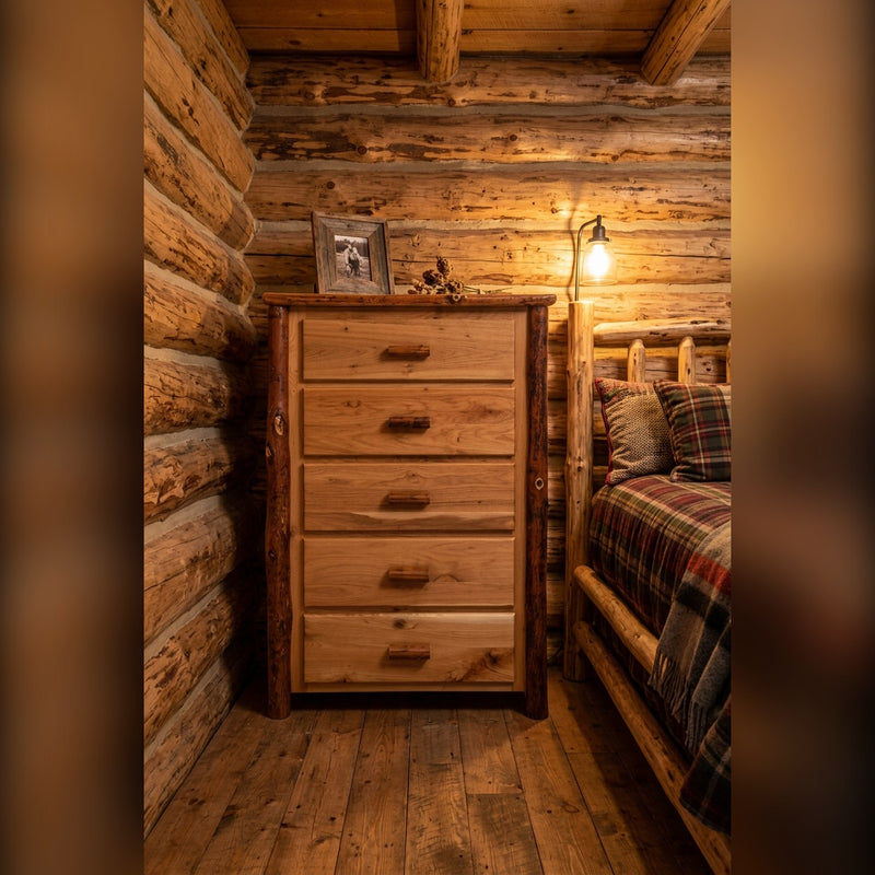 Gibbs Peak Hickory Log Chest of Drawers styled in a rustic log cabin bedroom beside a log bed