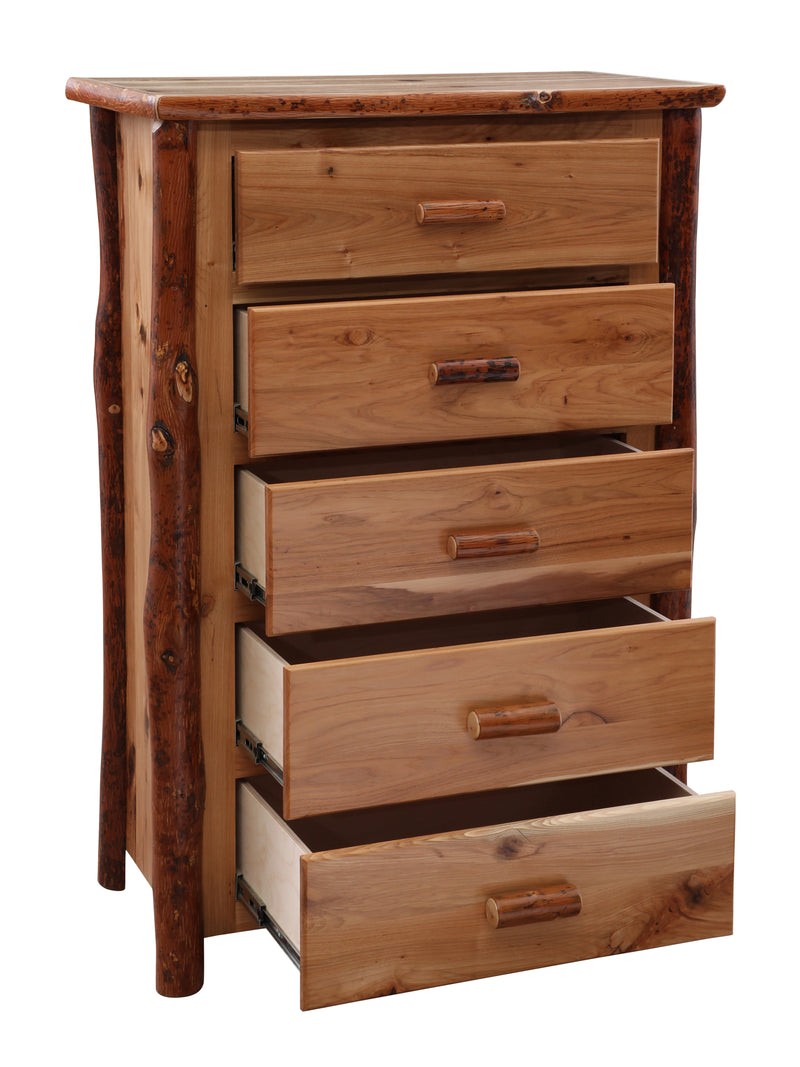 Angled view of the Gibbs Peak Hickory Log Chest of Drawers with drawers open to show the cedar-bottom drawer boxes