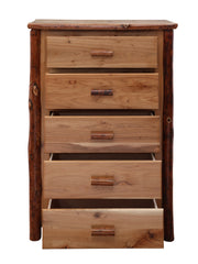 Front view of the Gibbs Peak Hickory Log Chest of Drawers with two drawers pulled out