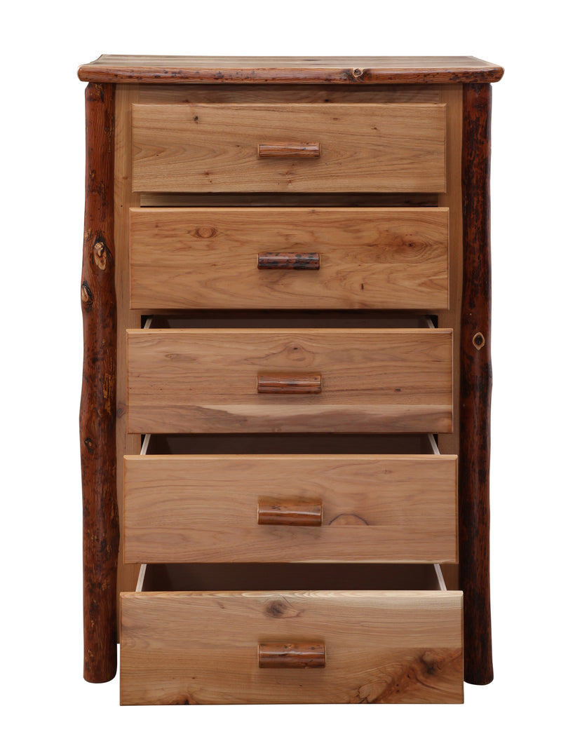 Front view of the Gibbs Peak Hickory Log Chest of Drawers with two drawers pulled out