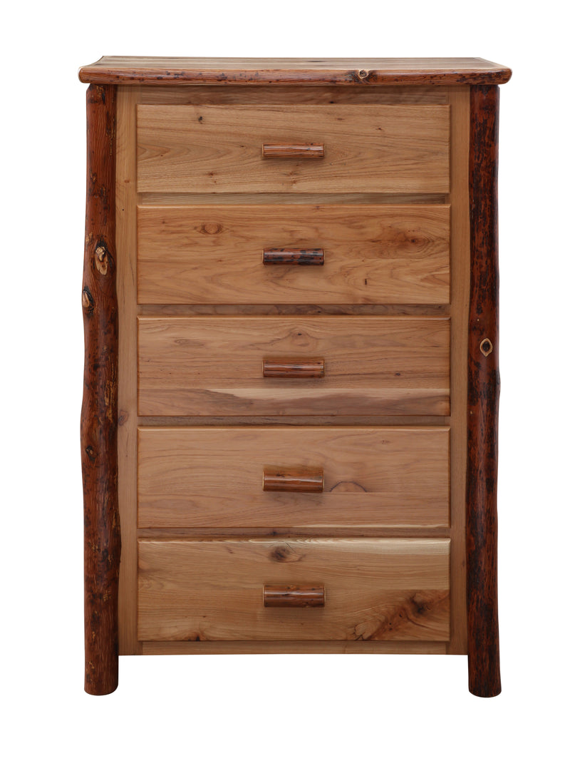 Front view of the Gibbs Peak Hickory Log Chest of Drawers with five full-width drawers