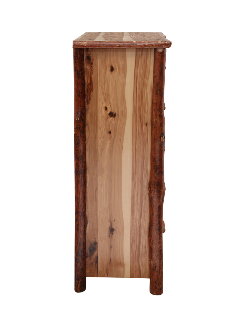 Side view of the Gibbs Peak Hickory Log Chest of Drawers showing the hickory side panel