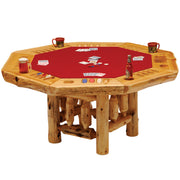 Angled view of the Gibraltar Mountain Cedar Log Poker Table showing the walnut inlays and felt top