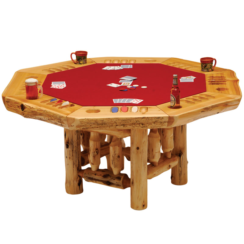 Angled view of the Gibraltar Mountain Cedar Log Poker Table showing the walnut inlays and felt top
