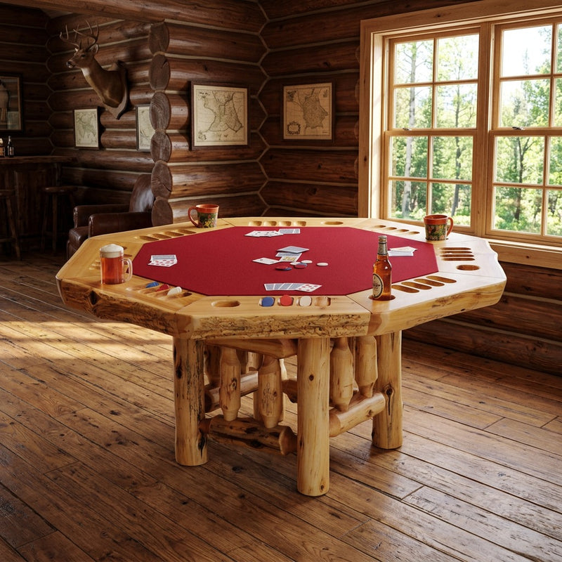 Gibraltar Mountain Cedar Log Poker Table staged in a sunlit log cabin game room