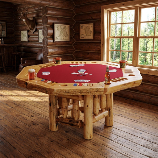 Gibraltar Mountain Cedar Log Poker Table staged in a sunlit log cabin game room