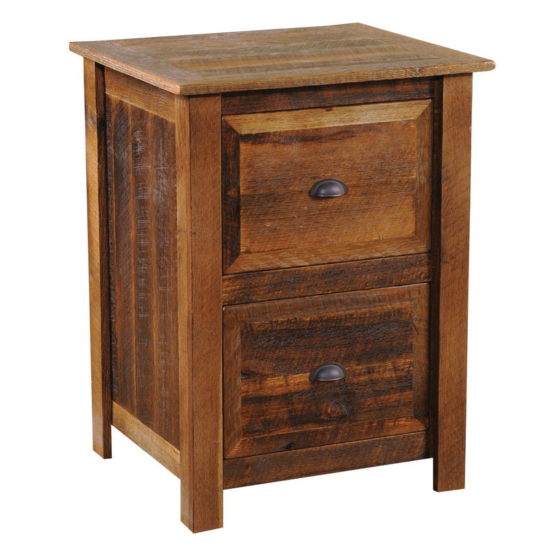 Angled view of the Gibson Peak Reclaimed Barnwood Two Drawer File Cabinet