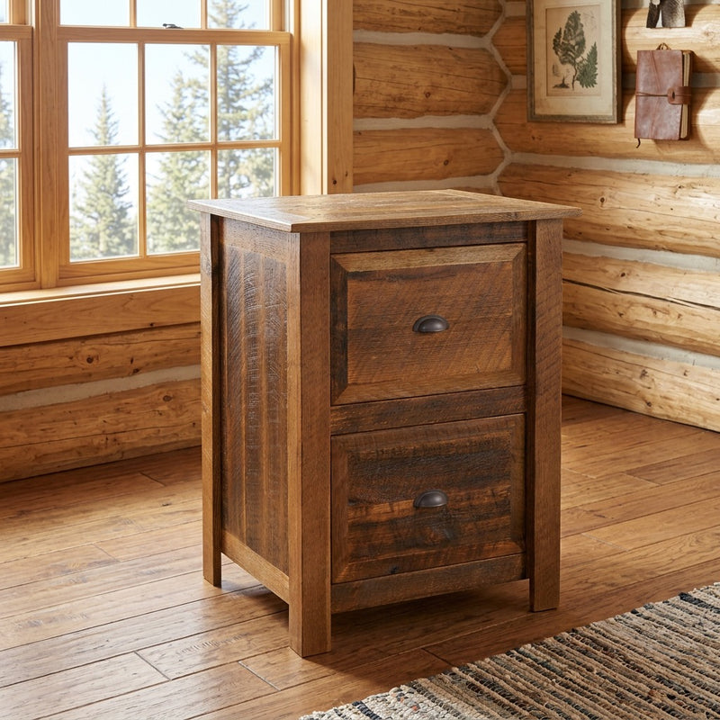 Gibson Peak Reclaimed Barnwood Two Drawer File Cabinet staged in a sunlit log cabin home office