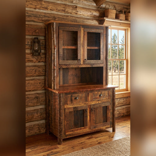 Gilpin Peak Barnwood and Hickory Buffet and Hutch staged in a sunlit log cabin dining room
