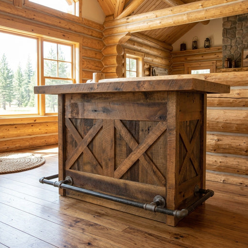 Glacier Peak Reclaimed Barnwood Bar staged in a sunlit log cabin game room