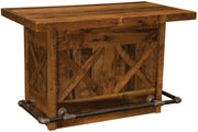 Front view of the Glacier Peak Reclaimed Barnwood Bar showing the pipe foot rail