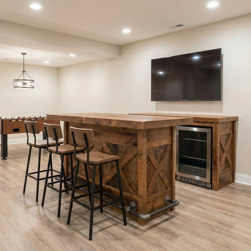 Glacier Peak Reclaimed Barnwood Bar with an Artisan Top in a bright cabin game room