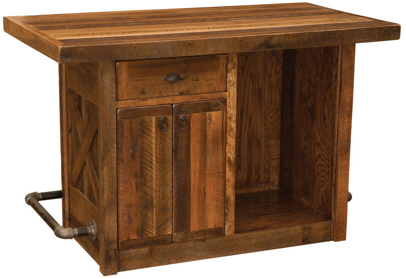 Server side of the Glacier Peak Reclaimed Barnwood Bar showing storage and the refrigerator opening