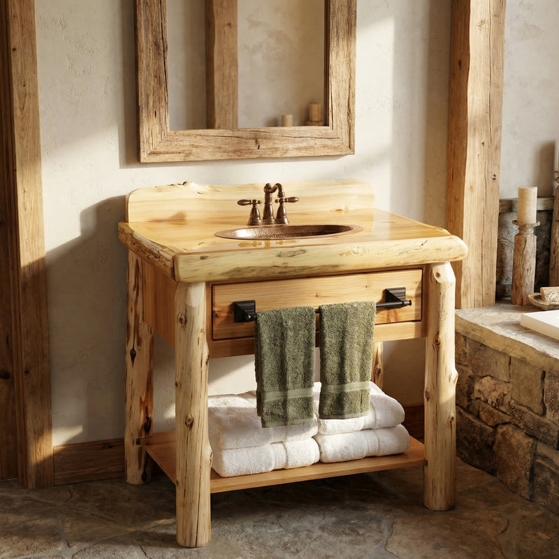 Gladstone Peak Cedar Log Open Vanity shown in a rustic bathroom with a top and sink