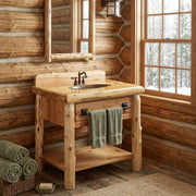 Gladstone Peak Cedar Log Open Vanity staged in a sunlit log cabin bathroom