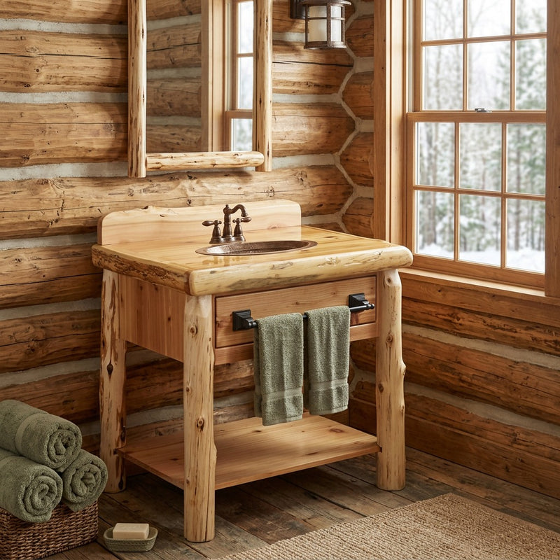 Gladstone Peak Cedar Log Open Vanity staged in a sunlit log cabin bathroom
