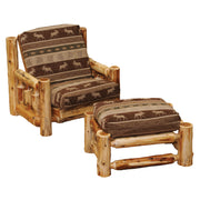 Angled view of the Gold Dust Peak Cedar Log Futon Chair with Ottoman