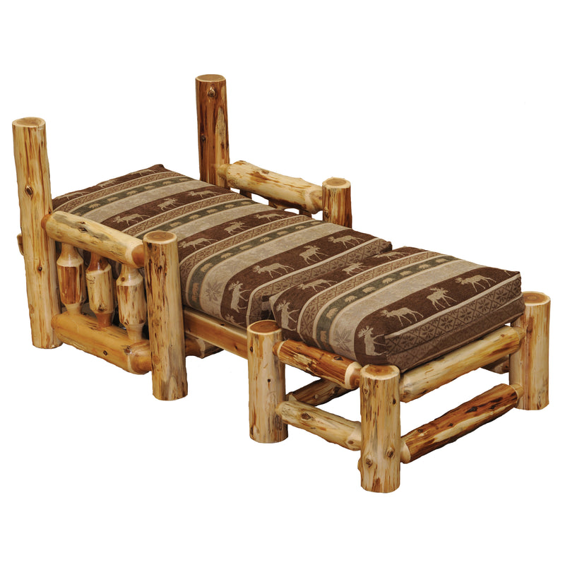 Gold Dust Peak Cedar Log Futon Chair with Ottoman with the ottoman pulled up to the chair