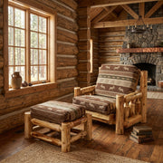 Gold Dust Peak Cedar Log Futon Chair with Ottoman staged in a sunlit log cabin living room