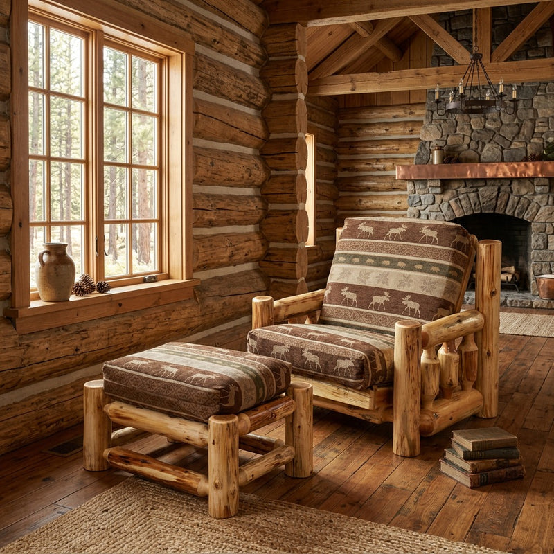 Gold Dust Peak Cedar Log Futon Chair with Ottoman staged in a sunlit log cabin living room