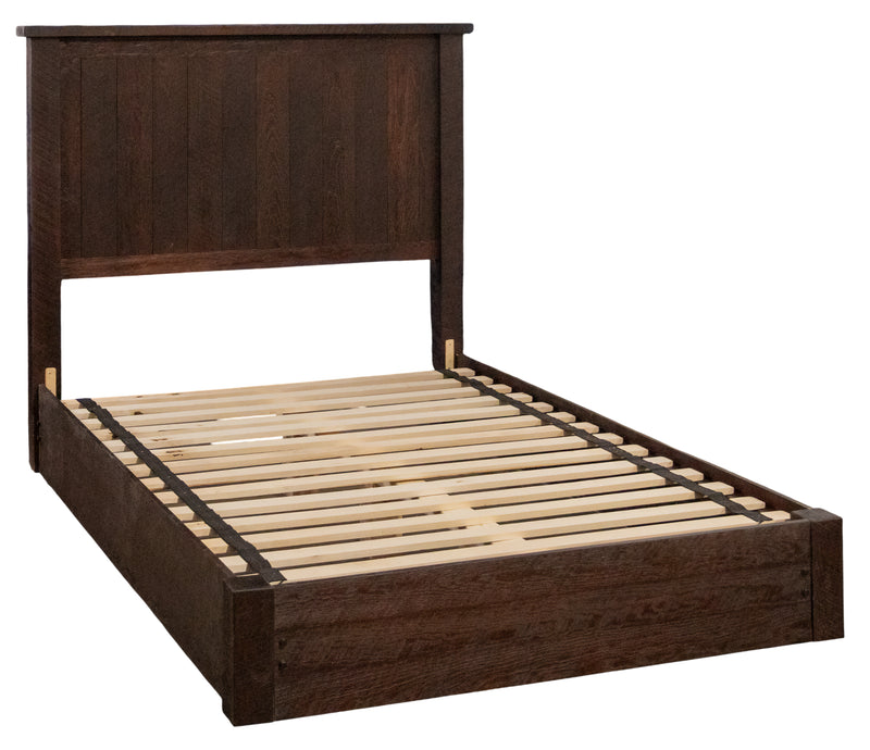 Angled view of the Gore Peak Pine Plank Platform Bed
