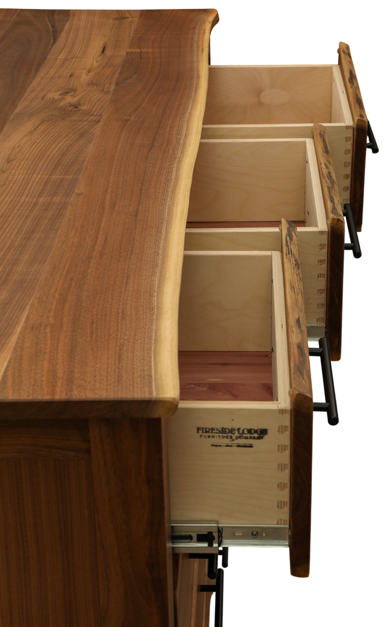 Dovetailed drawer detail of the Gothic Mountain Live Edge Walnut Nine Drawer Dresser