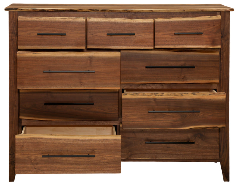 Front view of the Gothic Mountain Live Edge Walnut Nine Drawer Dresser with drawers open