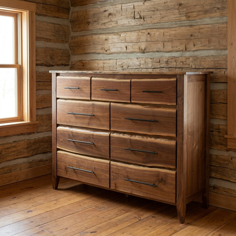 Gothic Mountain Live Edge Walnut Nine Drawer Dresser staged in a sunlit log cabin bedroom