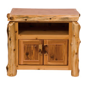 Angled view of the Graham Peak Cedar Log TV Stand