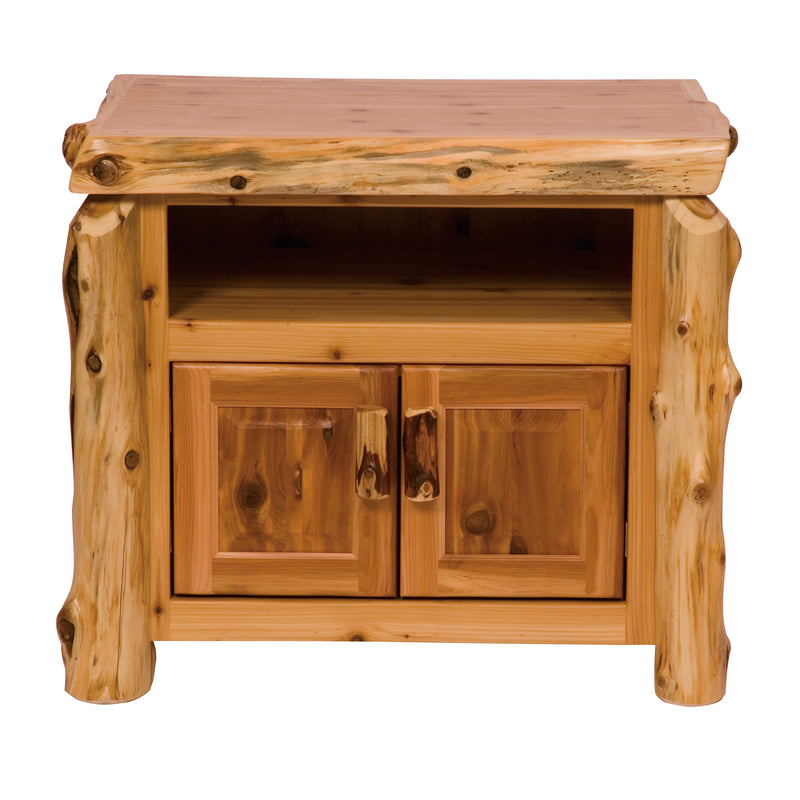 Angled view of the Graham Peak Cedar Log TV Stand
