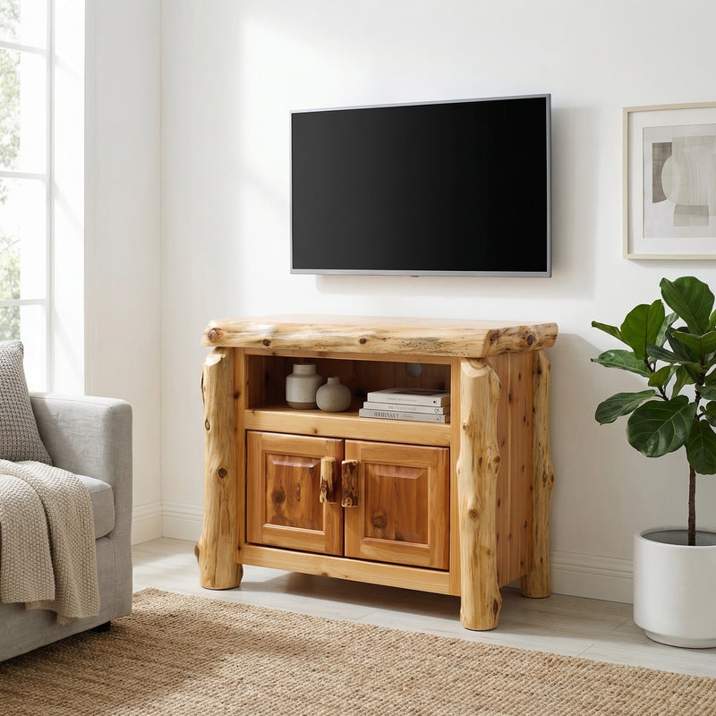 Graham Peak Cedar Log TV Stand in a rustic cabin living room