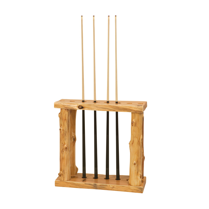 Front view of the Grand Turk Cedar Log Floor Pool Cue Rack holding pool cues
