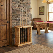 Grand Turk Cedar Log Floor Pool Cue Rack in a rustic game room