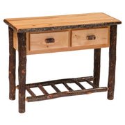 Angled view of the Gray Wolf Mountain Hickory Log Two Drawer Sofa Table in Natural showing two drawers