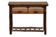 Front view of the Gray Wolf Mountain Hickory Log Two Drawer Sofa Table in Slate with drawers open