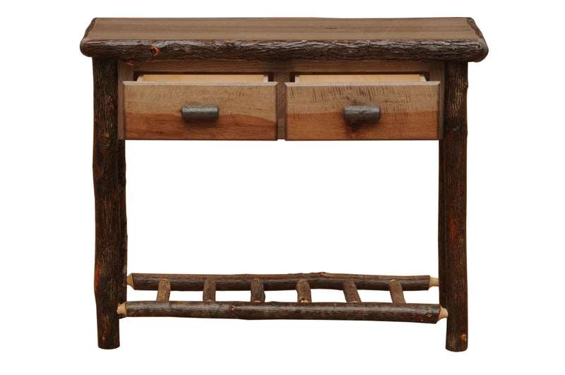 Front view of the Gray Wolf Mountain Hickory Log Two Drawer Sofa Table in Slate with drawers open