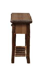 Side view of the Gray Wolf Mountain Hickory Log Two Drawer Sofa Table in Slate