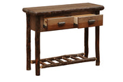 Gray Wolf Mountain Hickory Log Two Drawer Sofa Table in Slate with drawers open