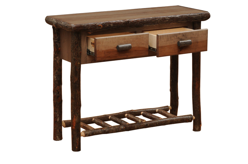 Gray Wolf Mountain Hickory Log Two Drawer Sofa Table in Slate with drawers open